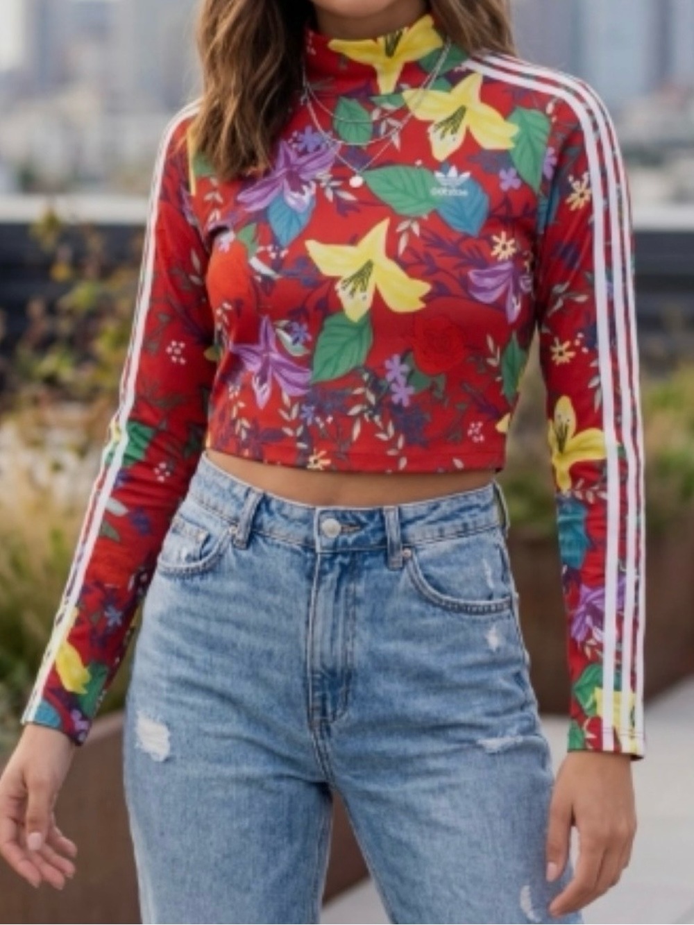 adidas Red Floral Long-Sleeve Crop Top with Stripes